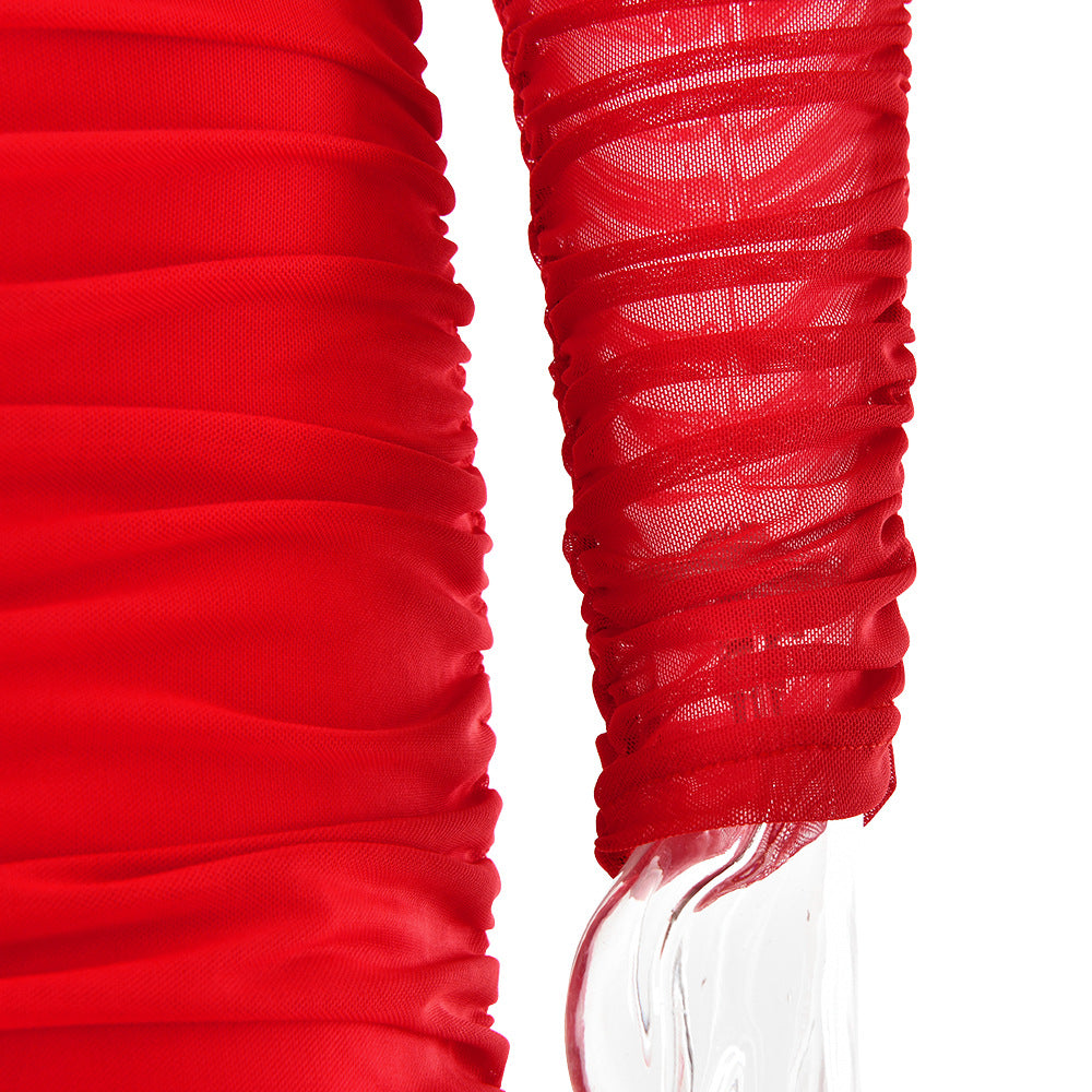 Women Autumn Bodycon Sexy Mesh Off Shoulder Gathered Dress 28