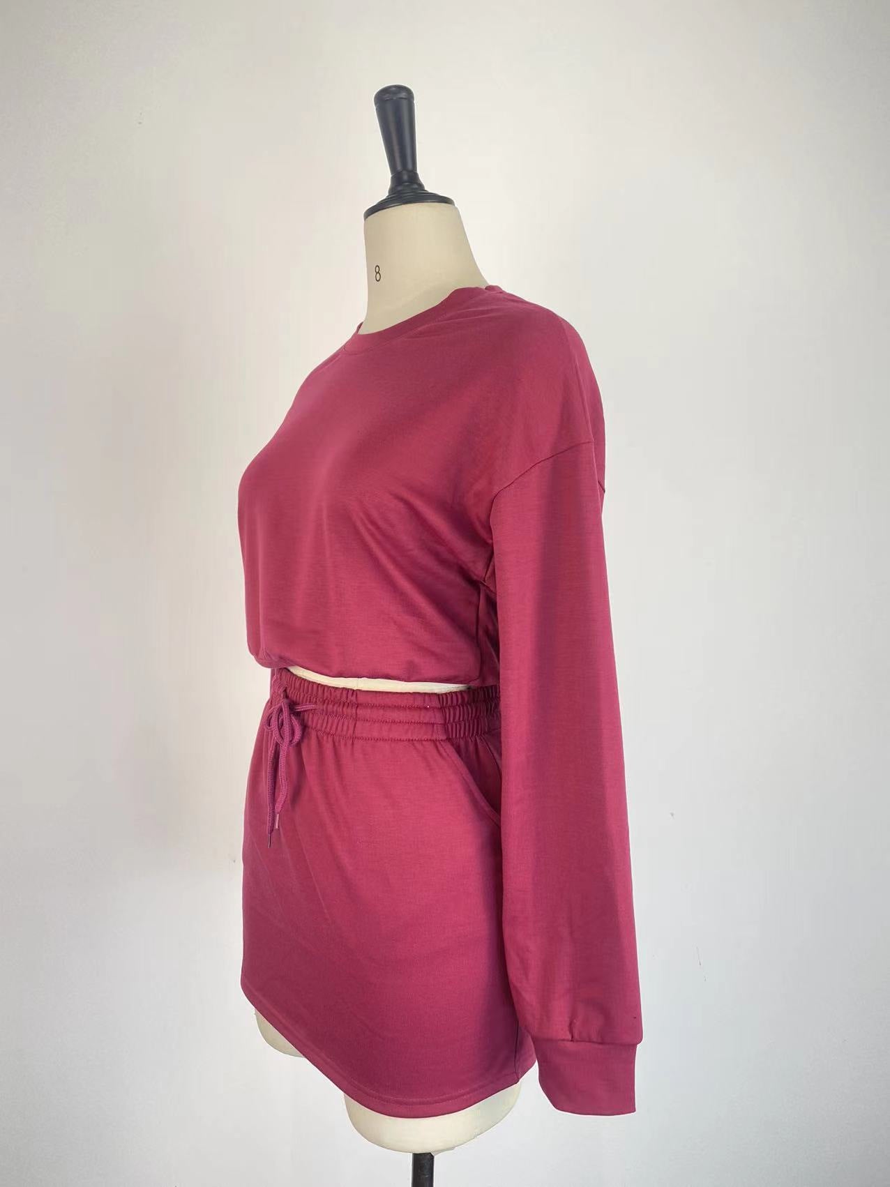 Women Long-Sleeved Solid Bodycon Skirt Two-Piece Set 18