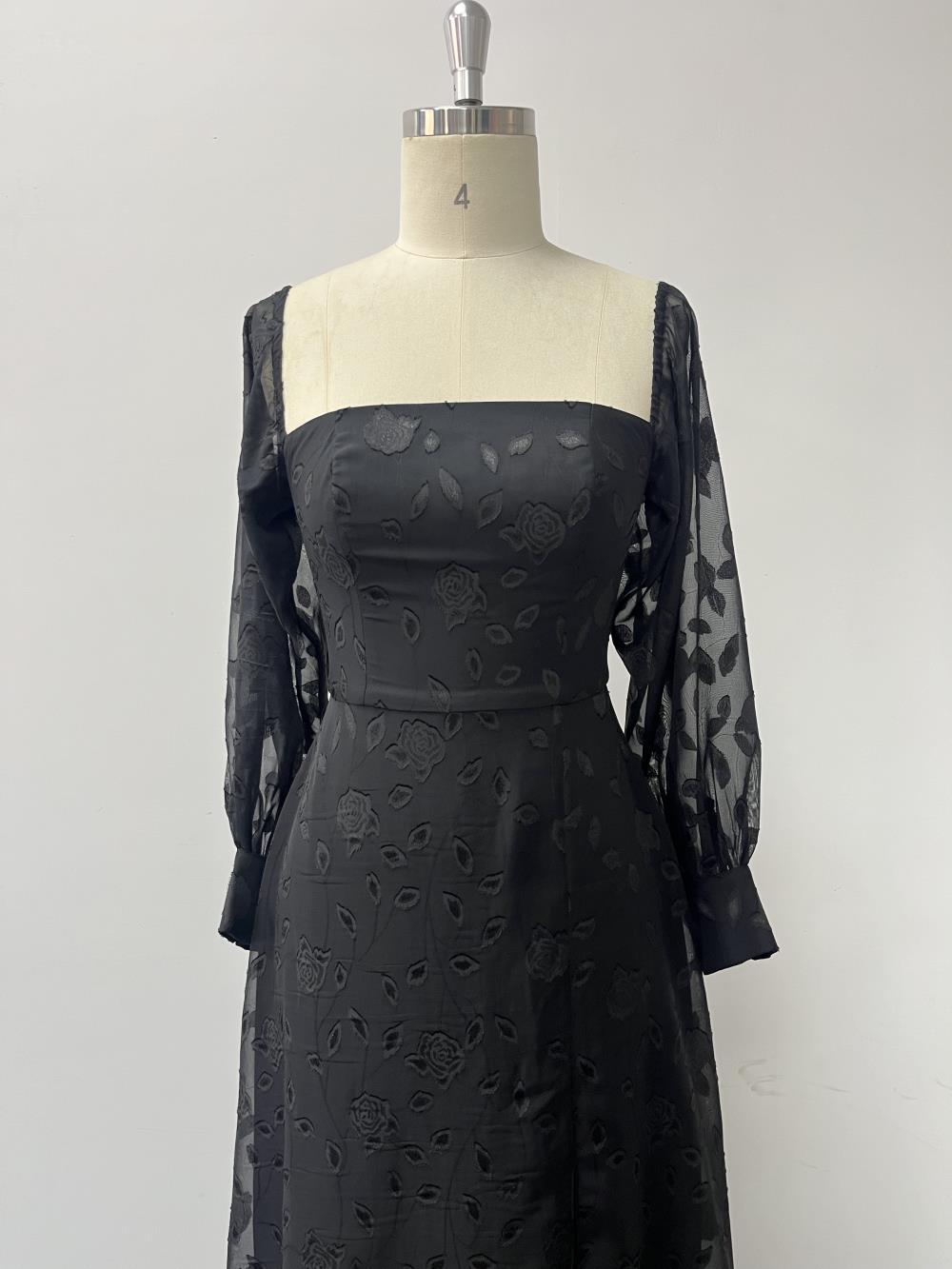 Black Off-Shoulder Long Sleeve Chiffon Embroidered High Slit Evening Dress 8