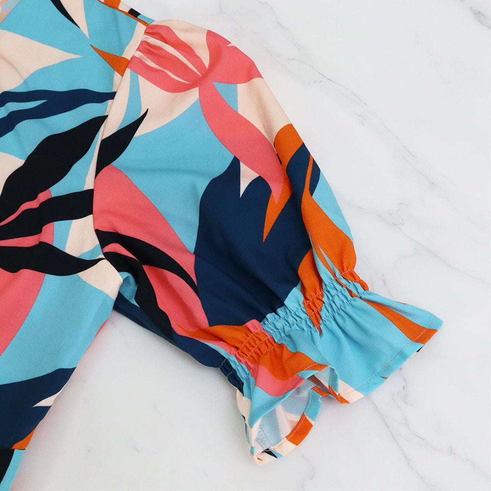 Women's Printed Puff Sleeve V-Neck Ruffle Long Dress 7