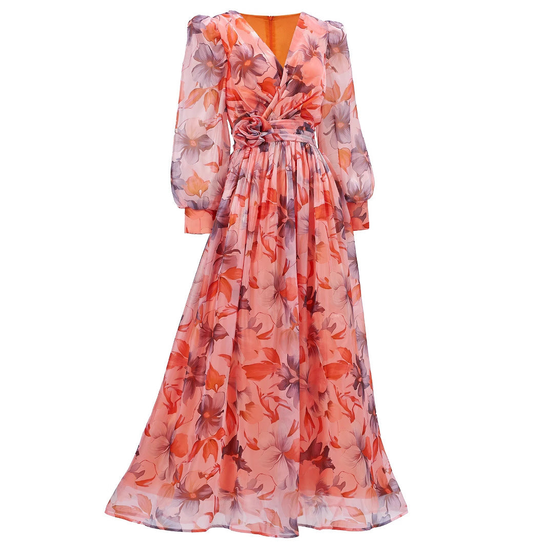 Women long-sleeved V-neck pleated Formal Party mesh dress 5