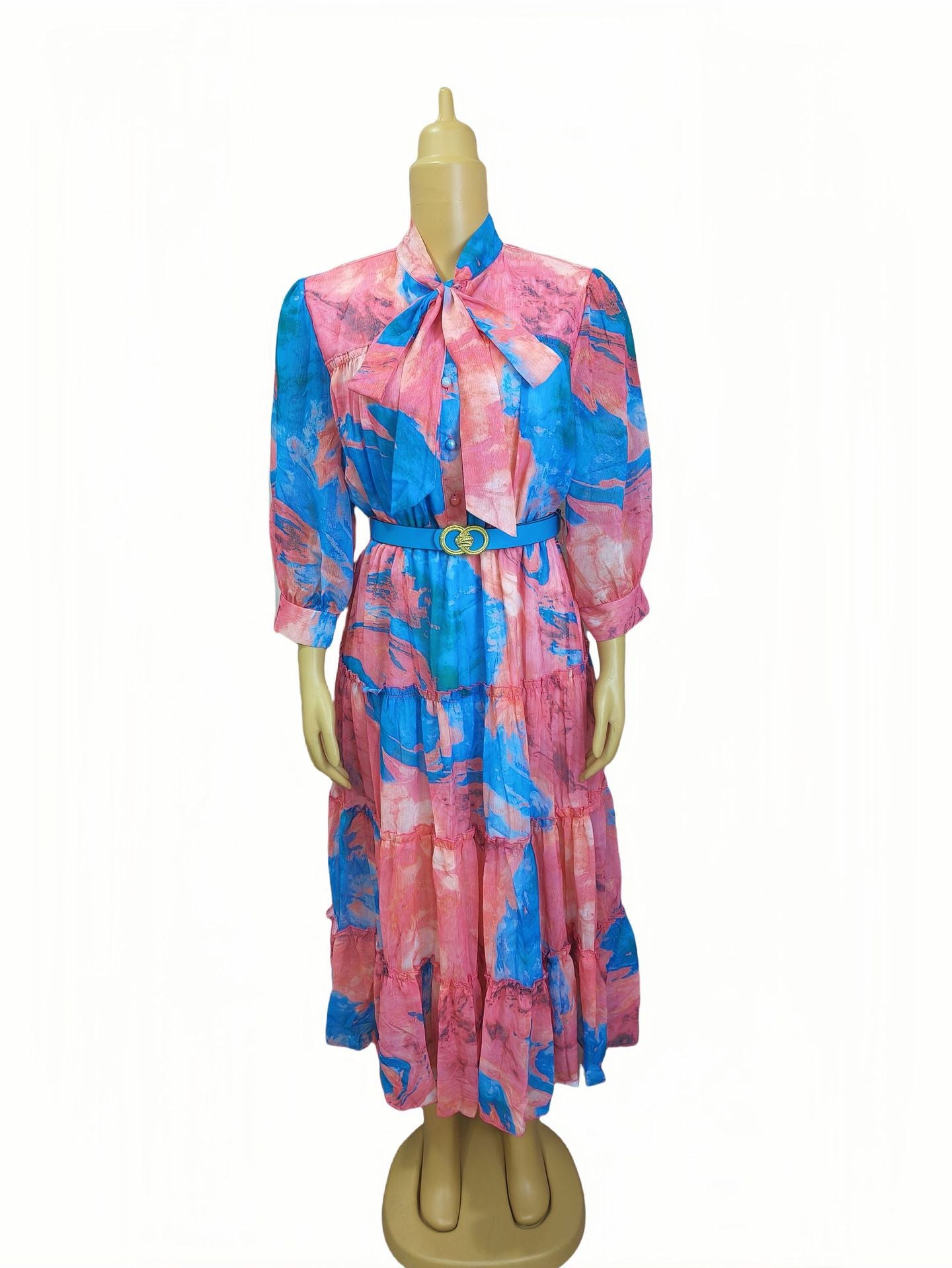 Women's Fashion Bow Collar Color-block Pleated Print Dress with Belt