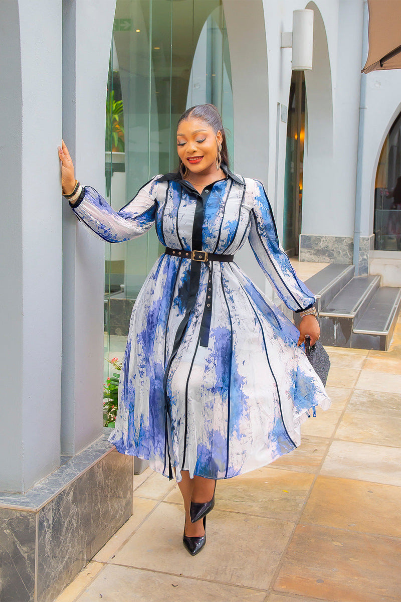 Women's Fashion Contrast Color Turndown Collar Elegant Shirt Dress 4