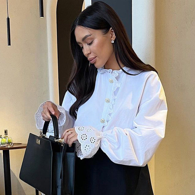 Stand Collar Diamond Button Ruffle Shirt Women Trendy White Shirt Top 4