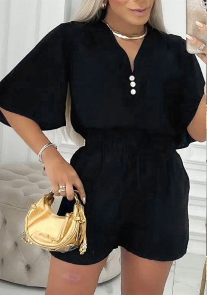 Women V-Neck Bell Bottom Sleeve Casual Top + Shorts Two-Piece Set