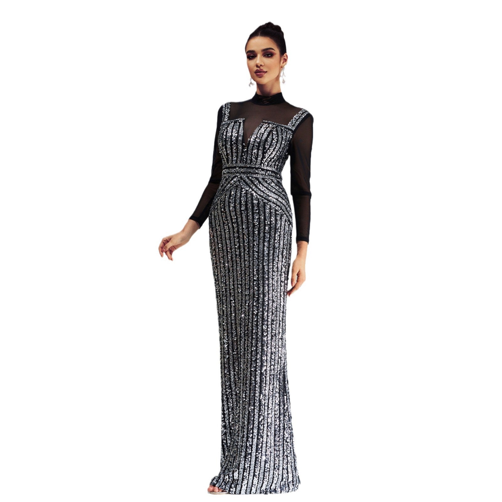 Women long sleeve Round Neck Bodycon Formal Party Sequined fishtail evening dress 5