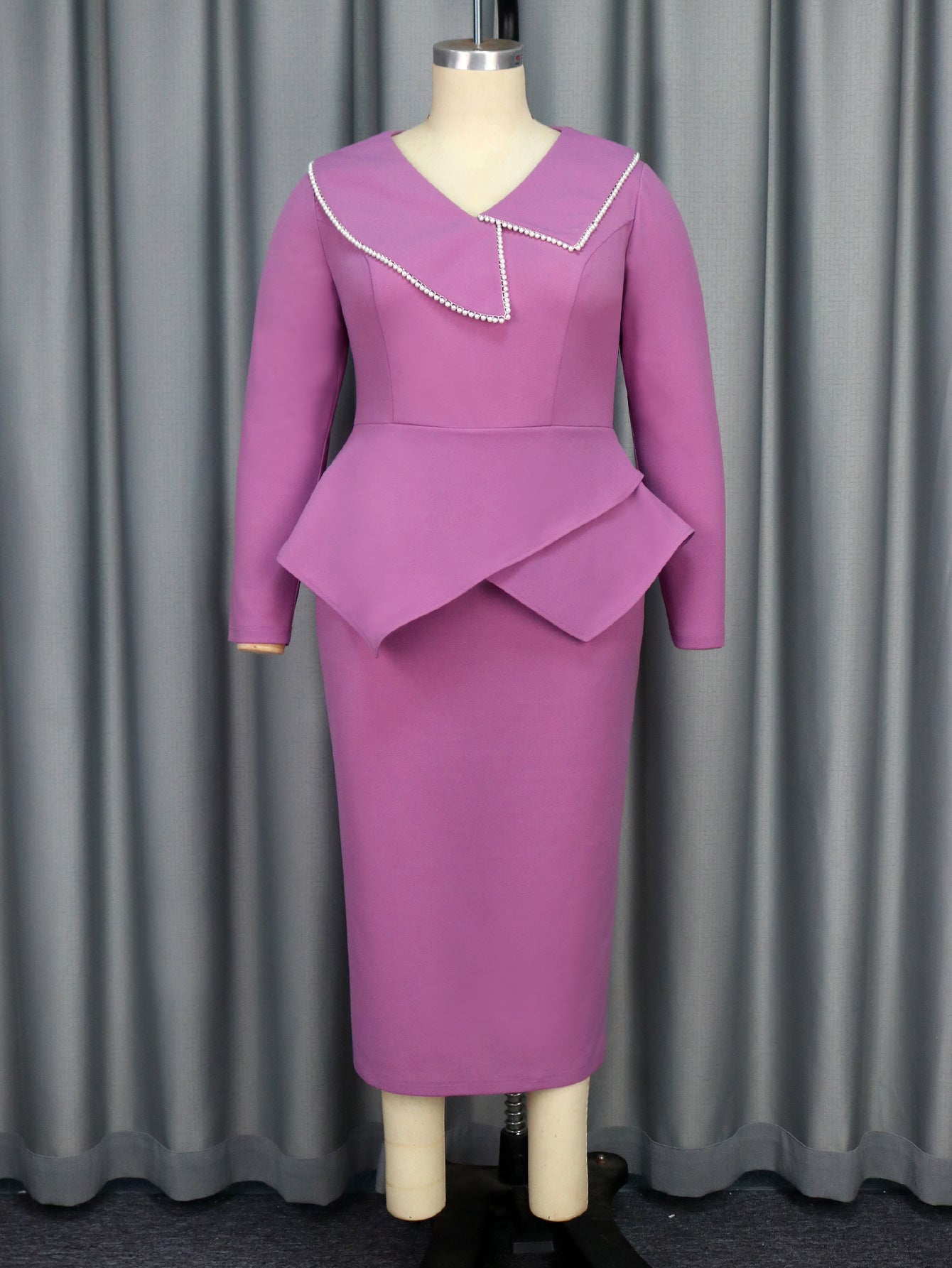 Chic Purple Ruffle Pearl Long-Sleeved Midi Dress 3