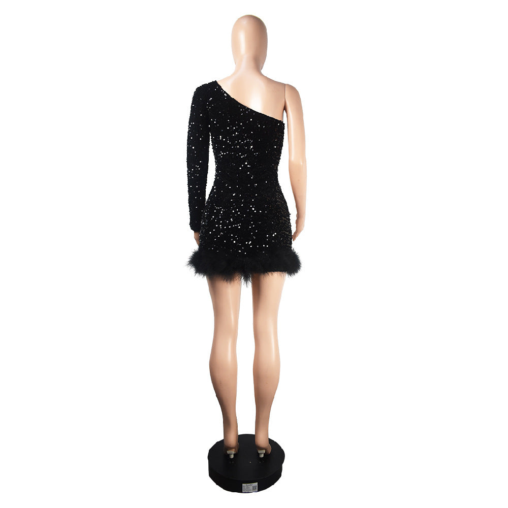 Fall/Winter Slash Shoulder Long Sleeve Sequin Feather Bodycon Party Dress 17
