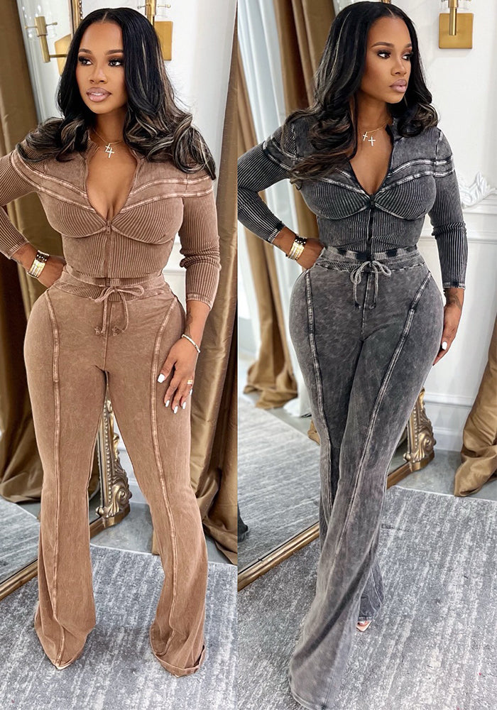 Women Fall Athletic Washed Casual Top and Pant Two-Piece Set