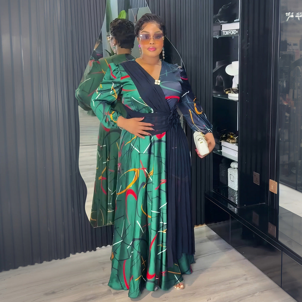 Africa Women's Muslim Color Block Print Plus Size Long Dress 6