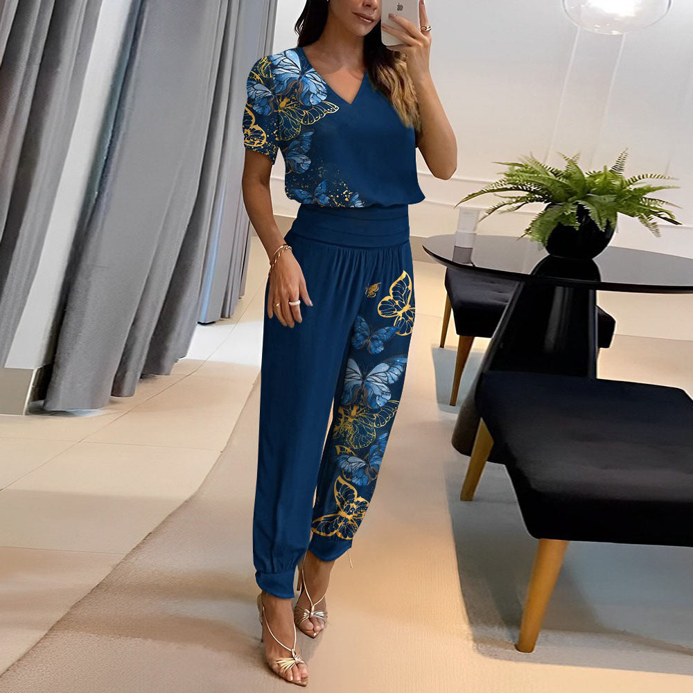 Women's Fashion Casual V-Neck Printed Short-Sleeved Trousers Set Two-Piece Set 17