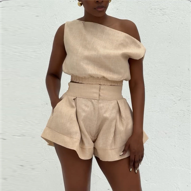 Women Summer Off Shoulder Shirt and Shorts Two-Piece Set