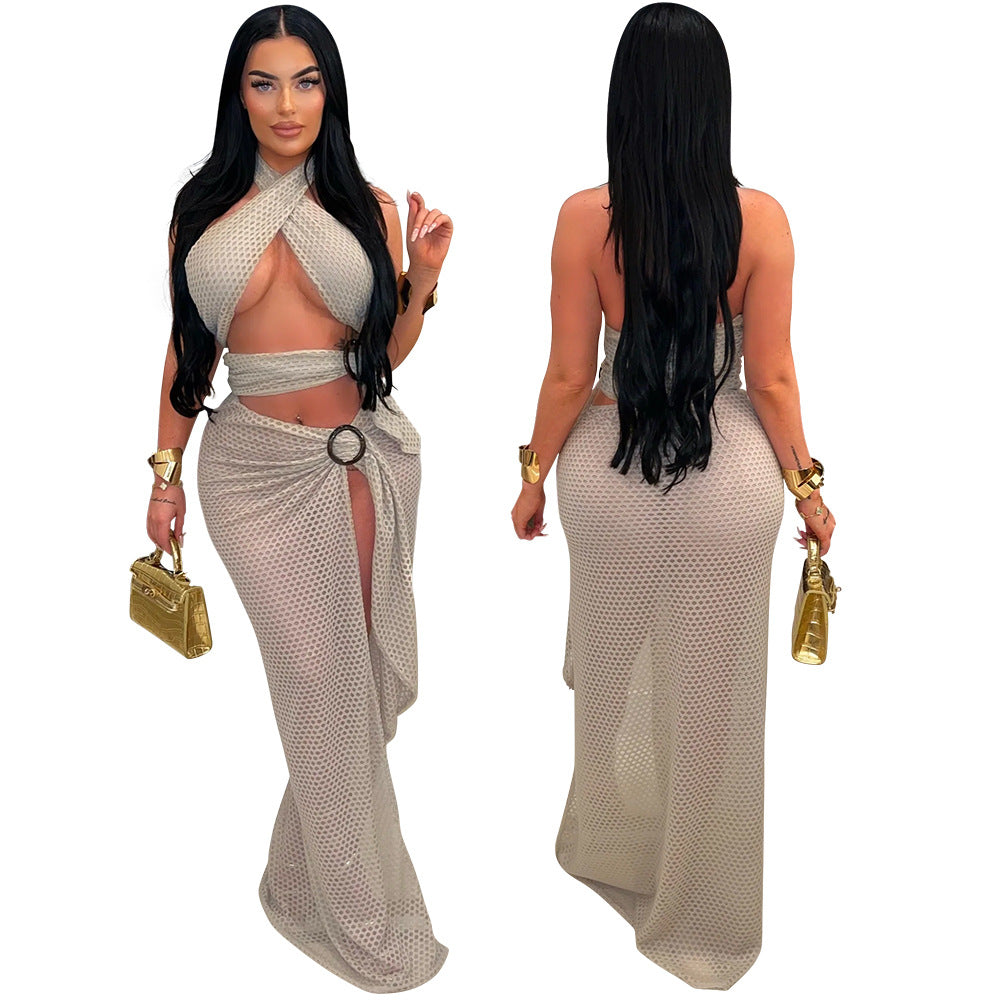 Sexy Halter Neck Mesh Slim High Slit Fashion Solid Color Long Dress 3