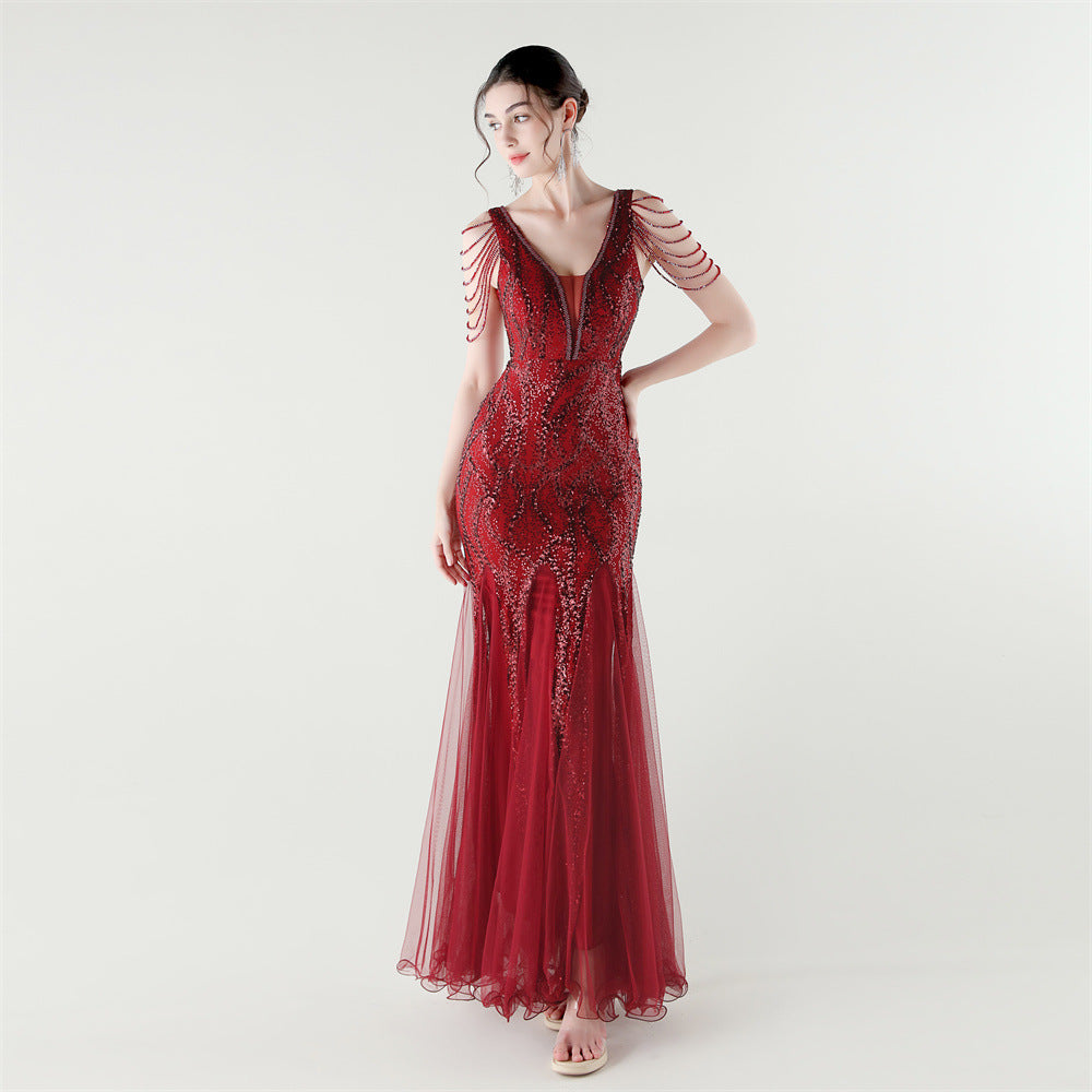 V-Neck Off-Shoulder Mesh Swing Luxury Slim Sequined Evening Dress 20