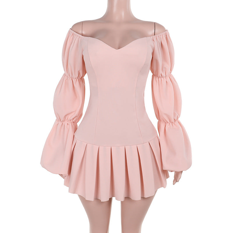 Women autumn sexy Off Shoulder lantern sleeve pleated dress 6