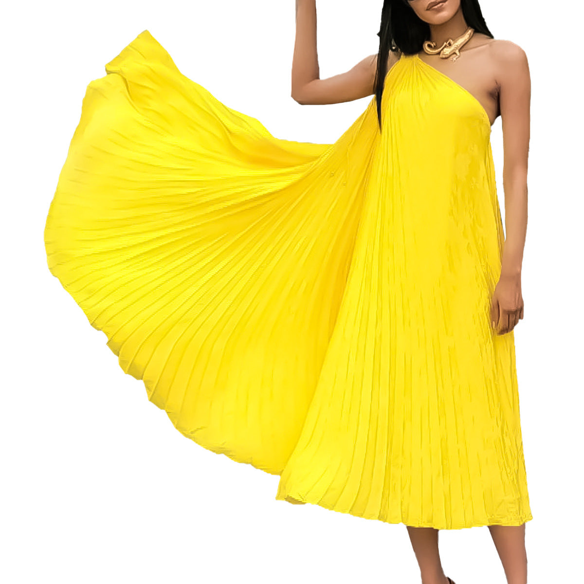 Women Elegant Solid Pleated Sleeveless Slash Shoulder Dress 9