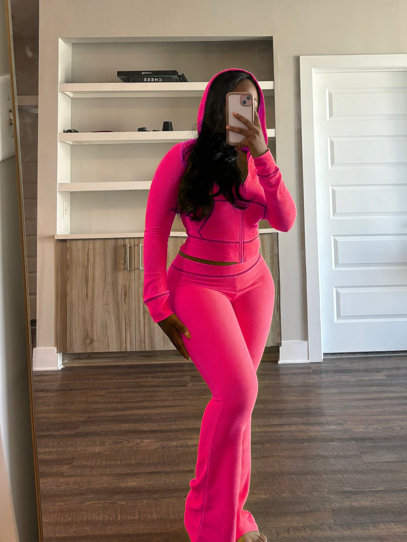 Women's Waffle texture hooded Bell Bottom Casual two piece pants set 5