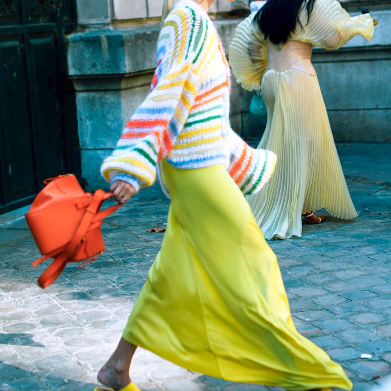 Women's Spring Rainbow Color Block Striped Sweater Loose Knit Pullover Top 10