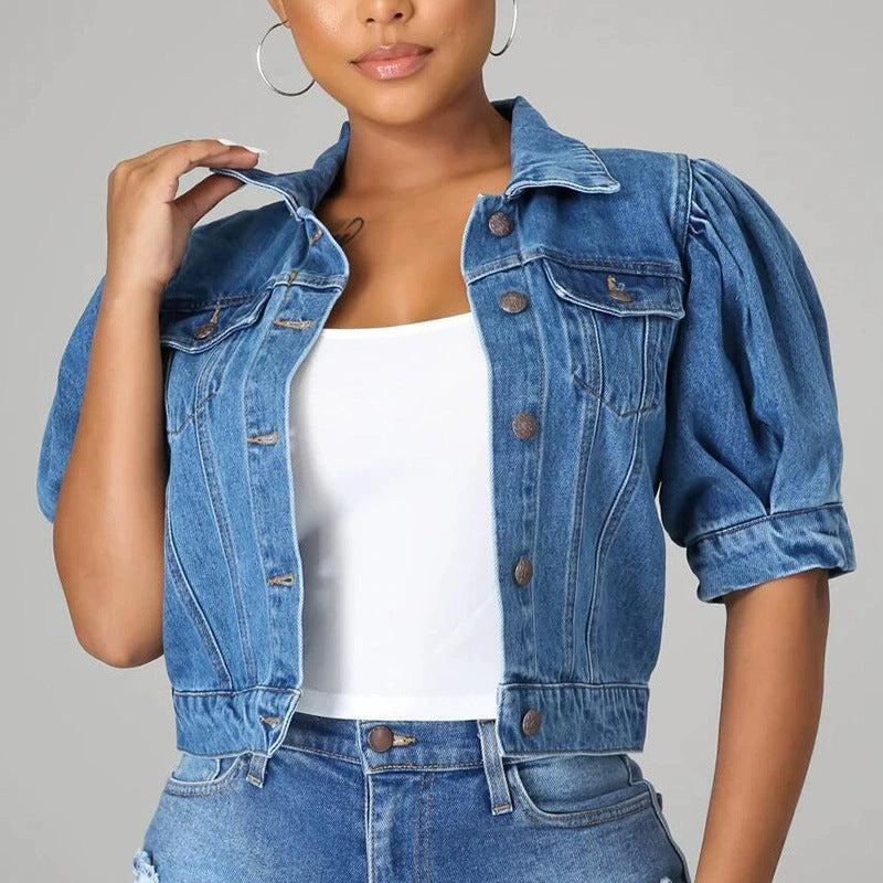 Denim Jacket Puff Sleeves Women's 3/4 Sleeve Coat 8