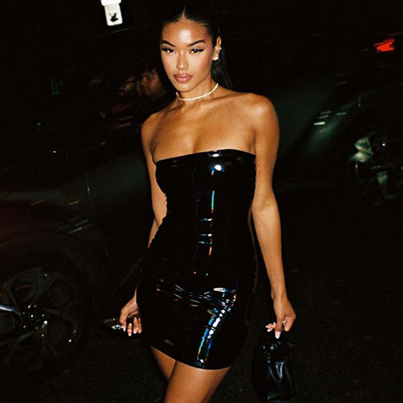 Women Strapless PU-Leather Dress 4