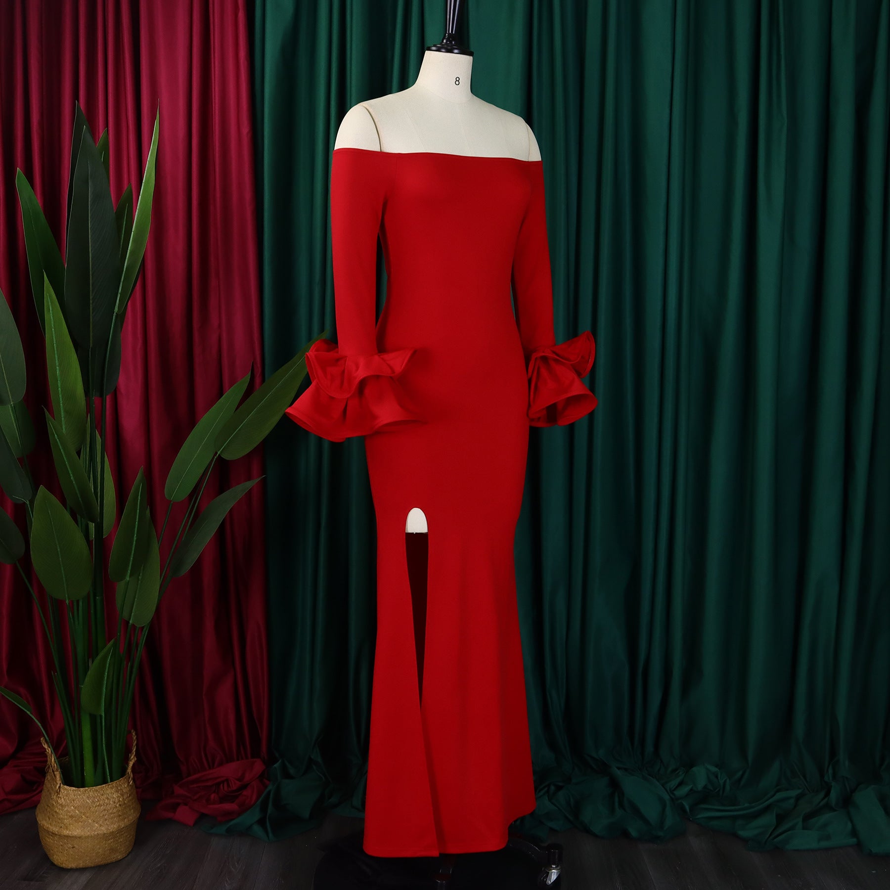 Fashionable And Elegant Off Shoulder Ruffle Sleeves Slit Formal Party Long Dress 18