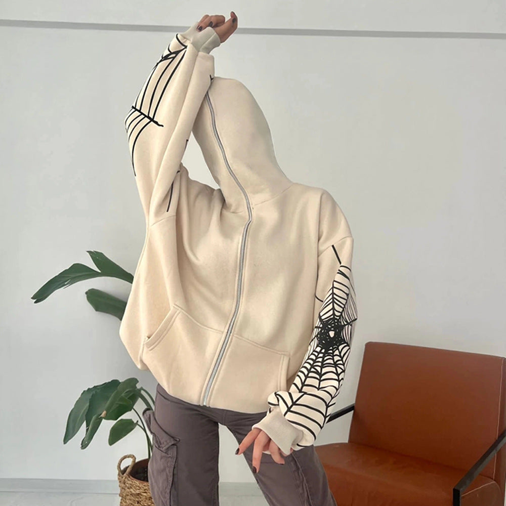 Autumn And Winter Spider Web Print Street Trendy Zipper Hooded Coat Casual Hoodies 4