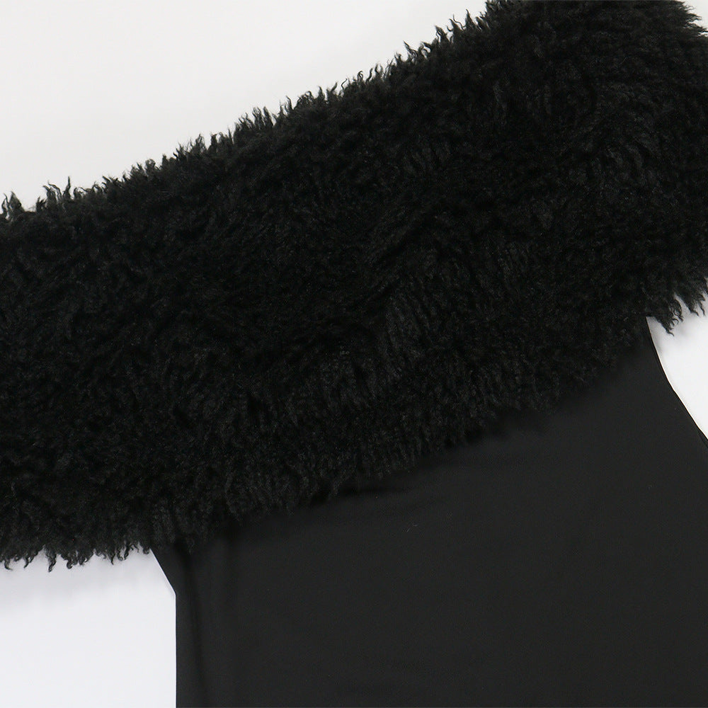 Off Shoulder Furry Patchwork Slim-Fit Jumpsuit 10