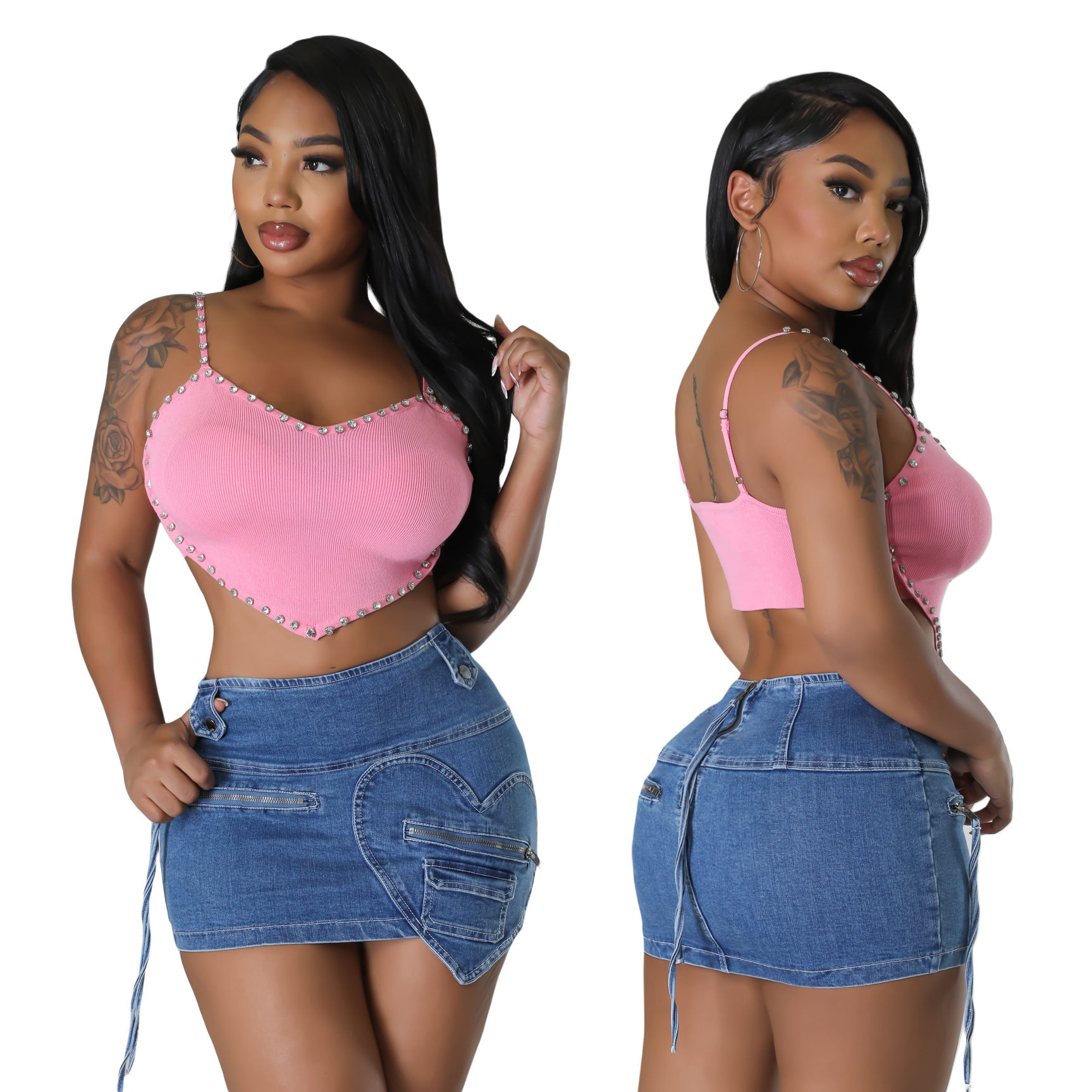 Women Sexy Heart Print Pocket Denim Bodycon Mini Skirt 4