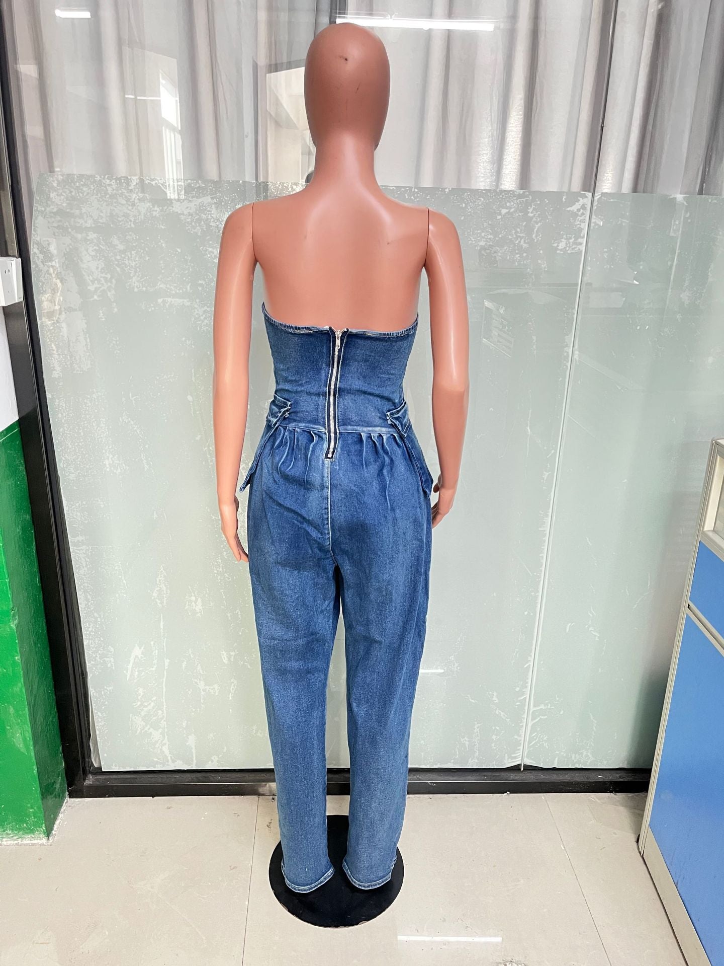 Women Strapless Stretch Denim Jumpsuit 8