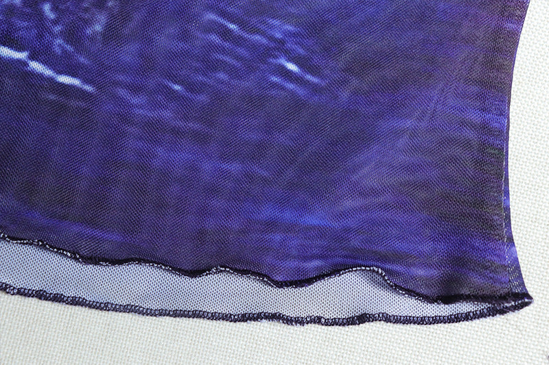 Women's Fashion Print Long Sleeve Top See-Through Bell Bottom Mesh Pants Fashion Two Piece Set 18