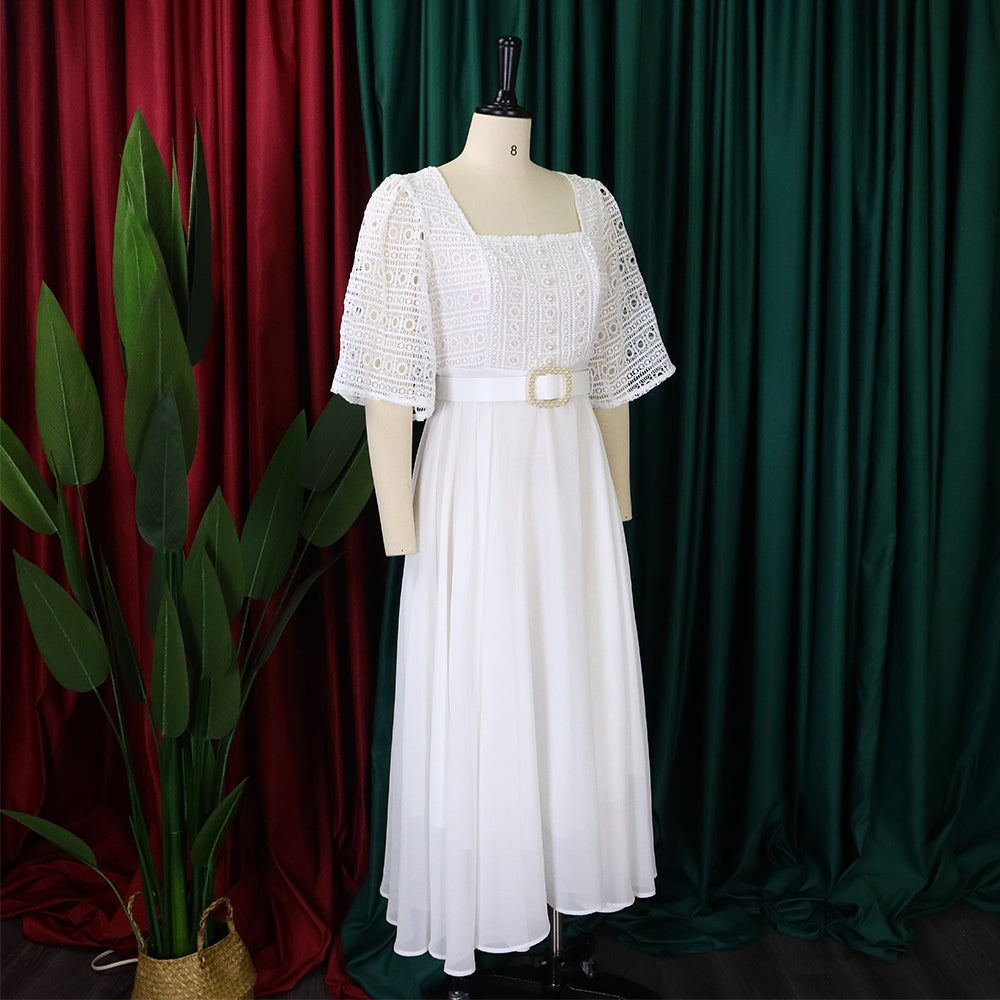 African Women Short Sleeve Square Neck With Belt Chiffon Beaded Dress 9