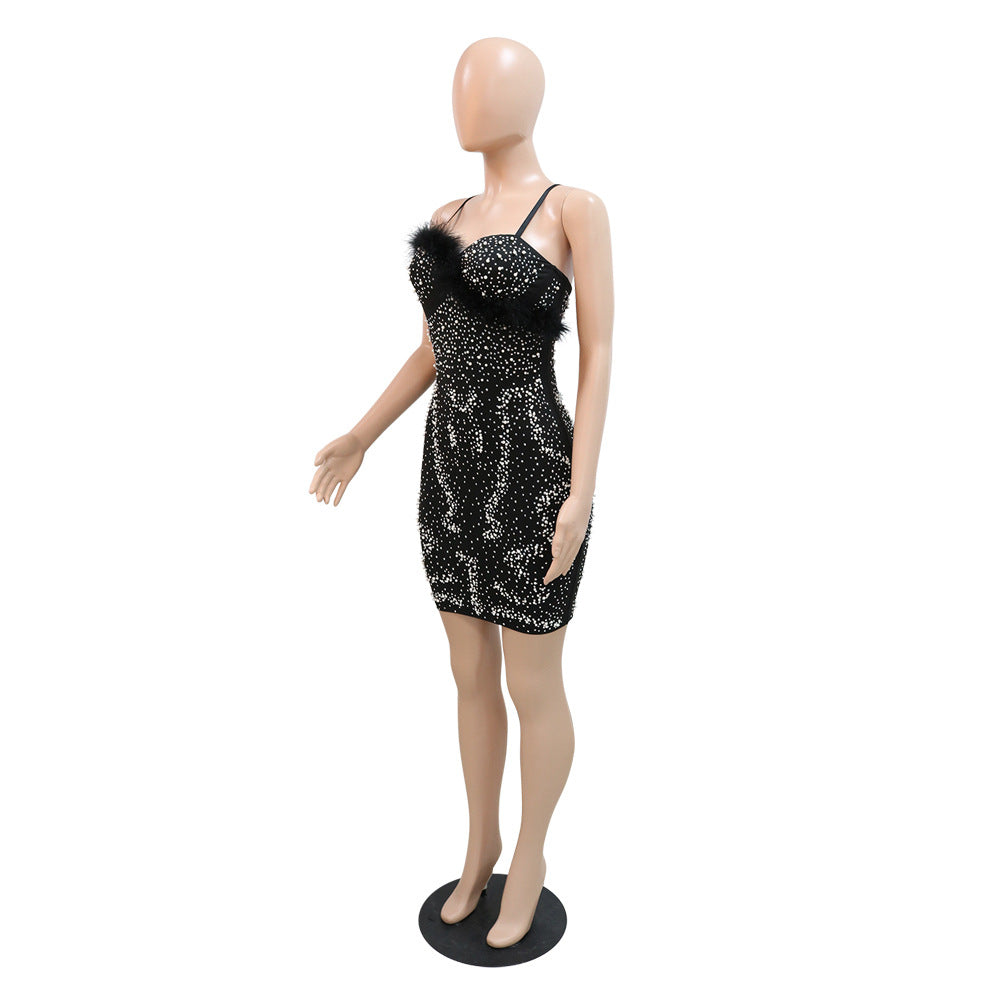 Sexy Strap Patchwork Plush Christmas Party Beaded Dress 15