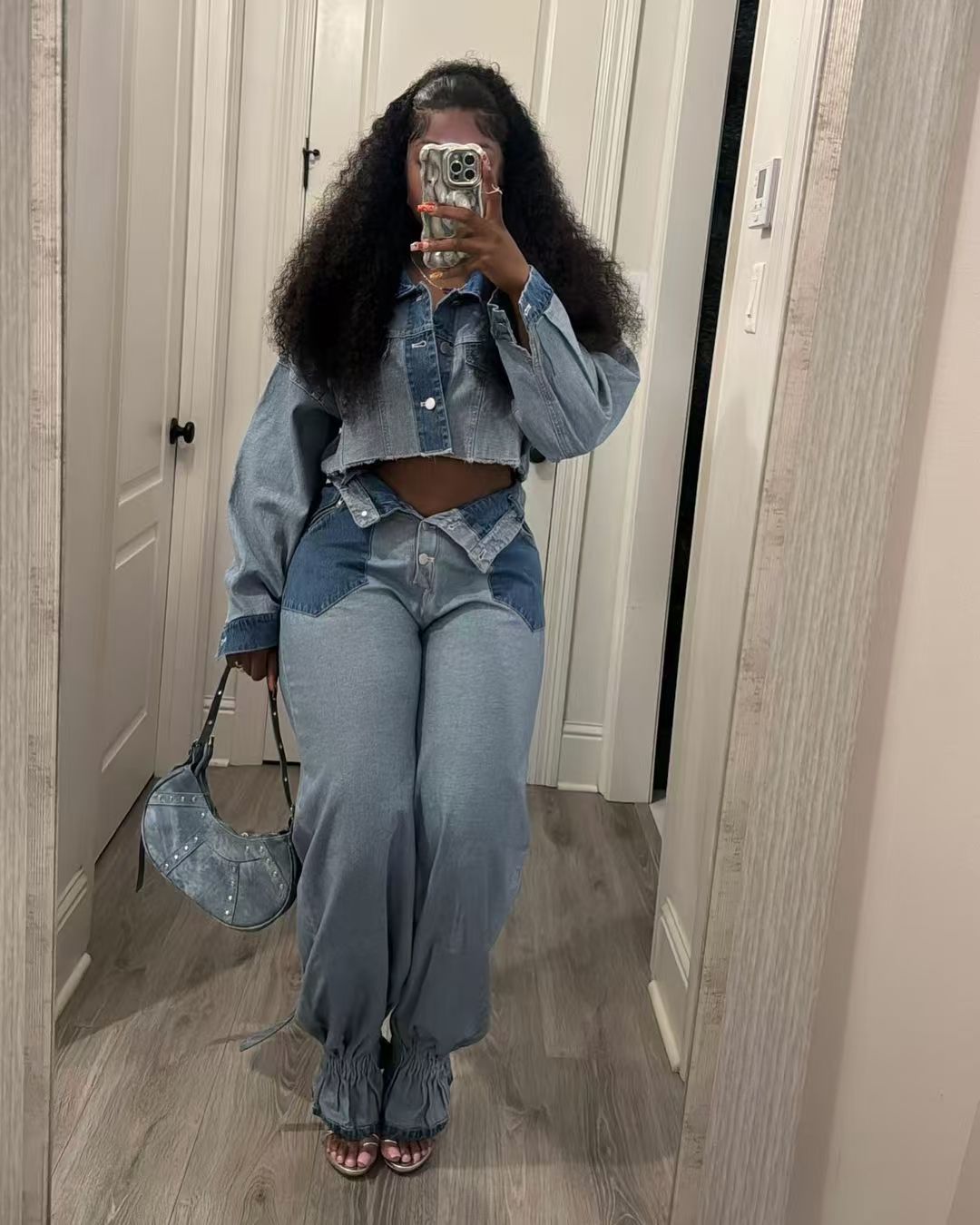 Women Fashion color matching Denim Top and Pant two-piece set 3