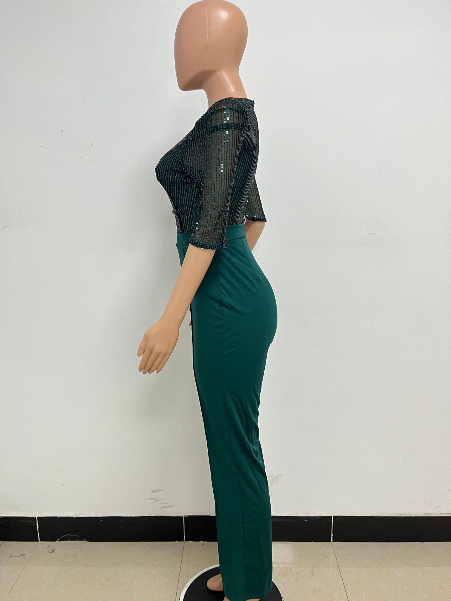 Women's Fashion Sequins Half Sleeve Wide-Leg Chic Ladies Jumpsuit 30