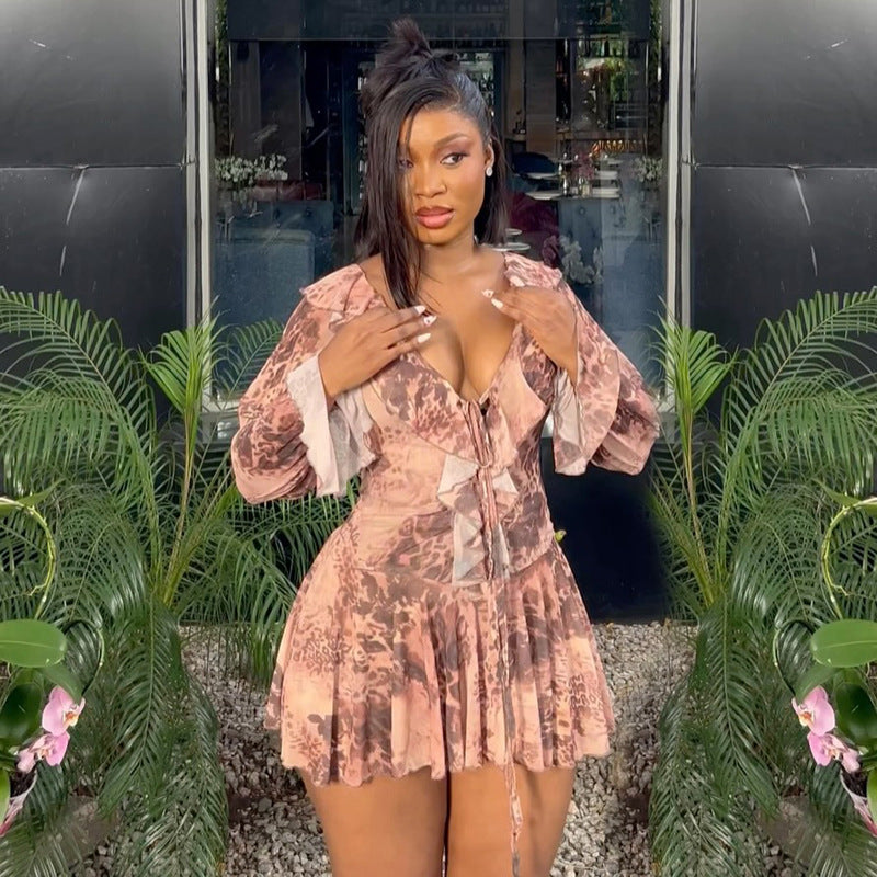 Women Summer/Autumn Ruffled Collar Long-Sleeved Mesh Leopard Print Off-The-Shoulder Pleated Dress 13