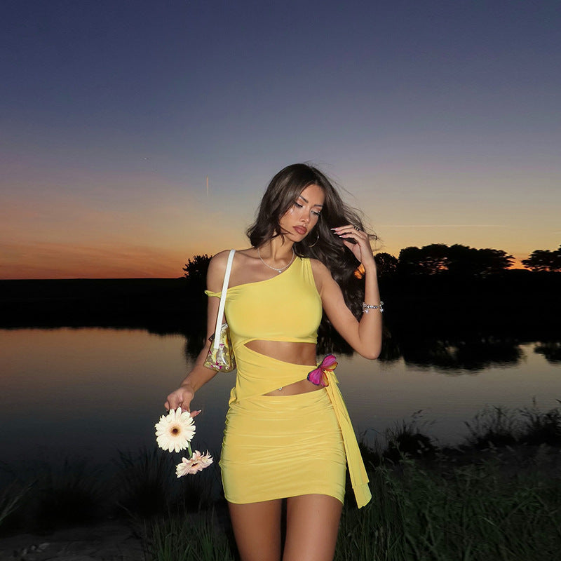 Slash Shoulder Cut-Out Lace-Up Butterfly Decoration Summer Solid Color Bodycon Dress 4