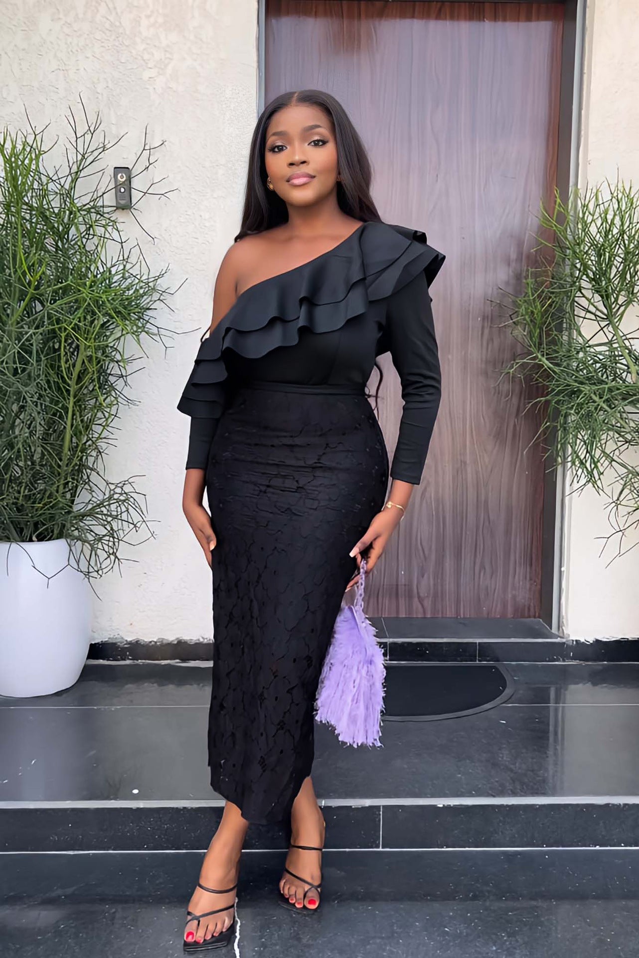 One Shoulder Ruffled Chic Evening Dress Slim Lace Bodycon Dress 3