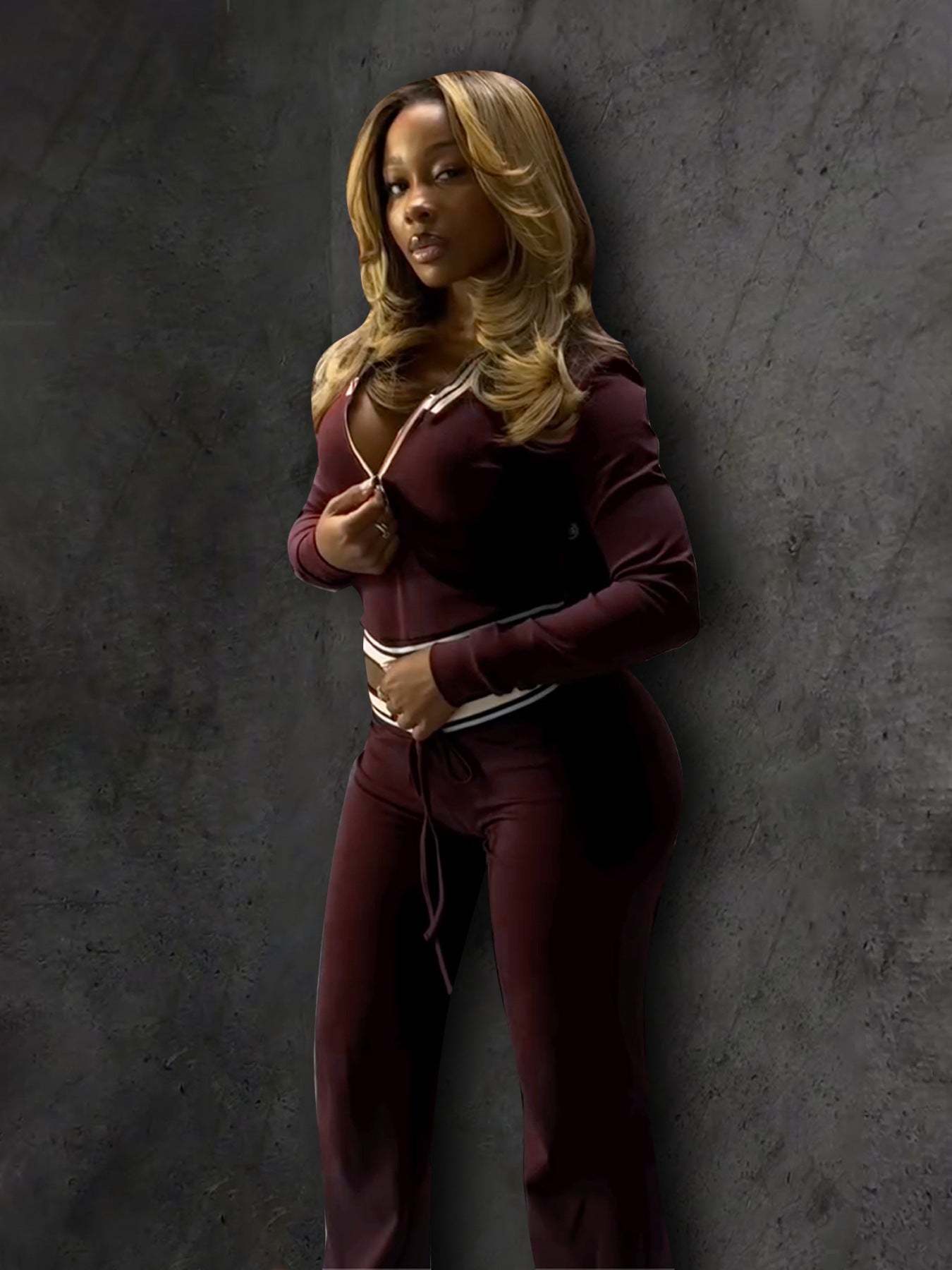 Women Turndown Collar Half-Zip Top and Drawstring Wide-Leg Pants Casual Athletic Two-Piece Set 34