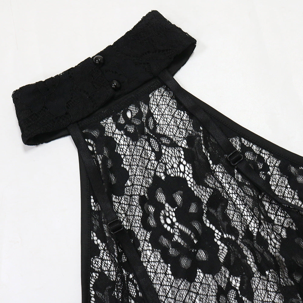 Sexy Fashion Halter Neck See Through Lace Low Back Slim Nightclub Long Dress 11