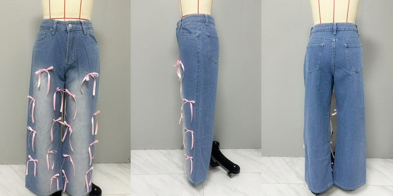 Women Bow Denim Wide Leg Pants 6