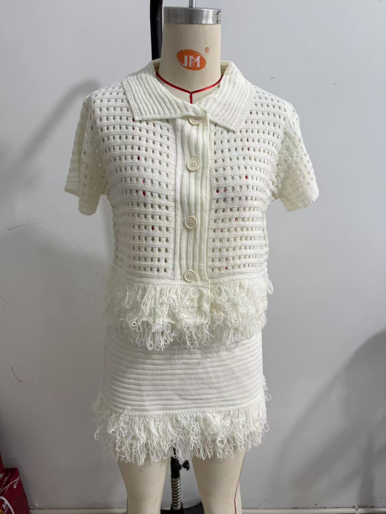 Women's Fringe Short-Sleeve Knit Jacket + High-Waisted Mini Skirt Set 8