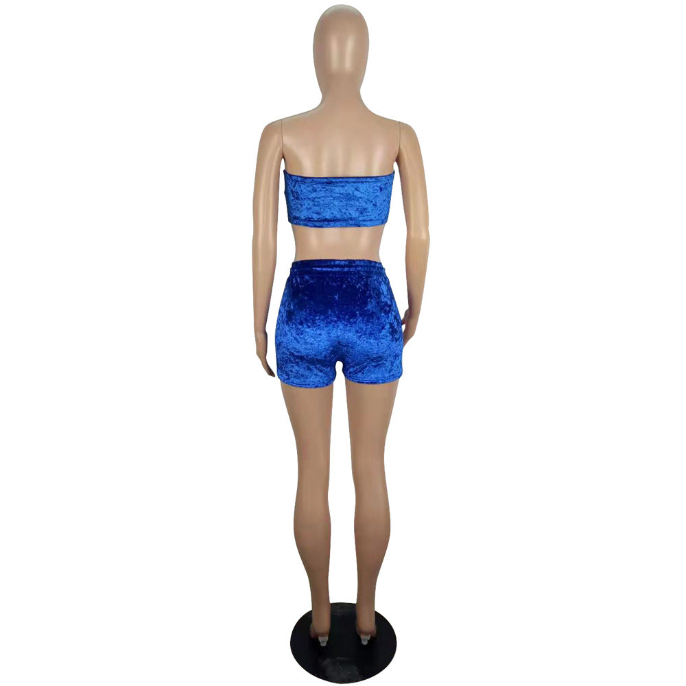 Women's Spring And Summer Style Slim-Fitting Strapless Velvet Crop Top Shorts Two-Piece Set 7