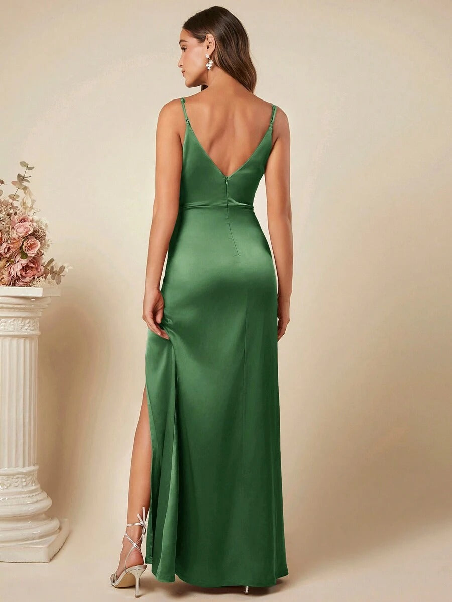 Women's Spring Summer Strap Satin Dress Sexy Pleated Bridesmaid Dress 23