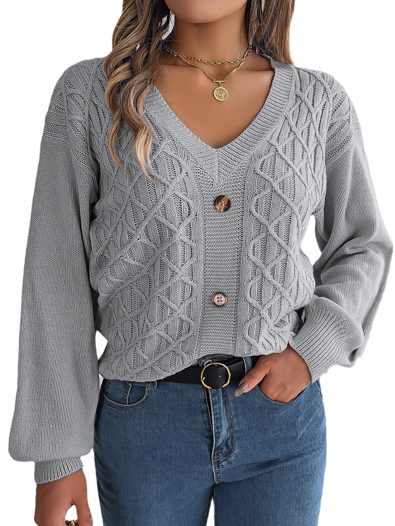 Women Casual Button Balloon Sleeve Sweater 9