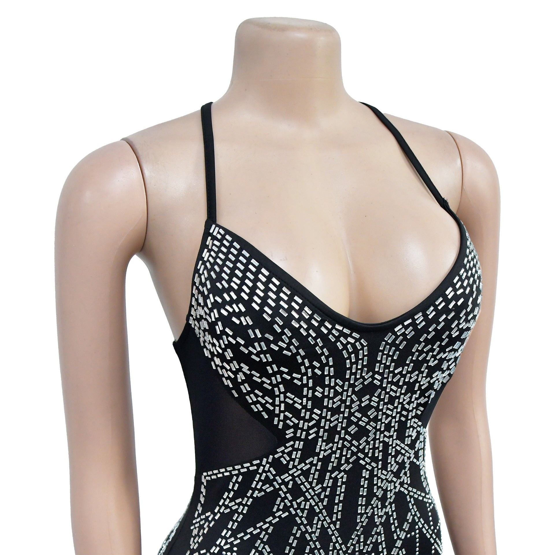 Fashion Women's Solid Color Mesh Beaded Straps Long Dress 17