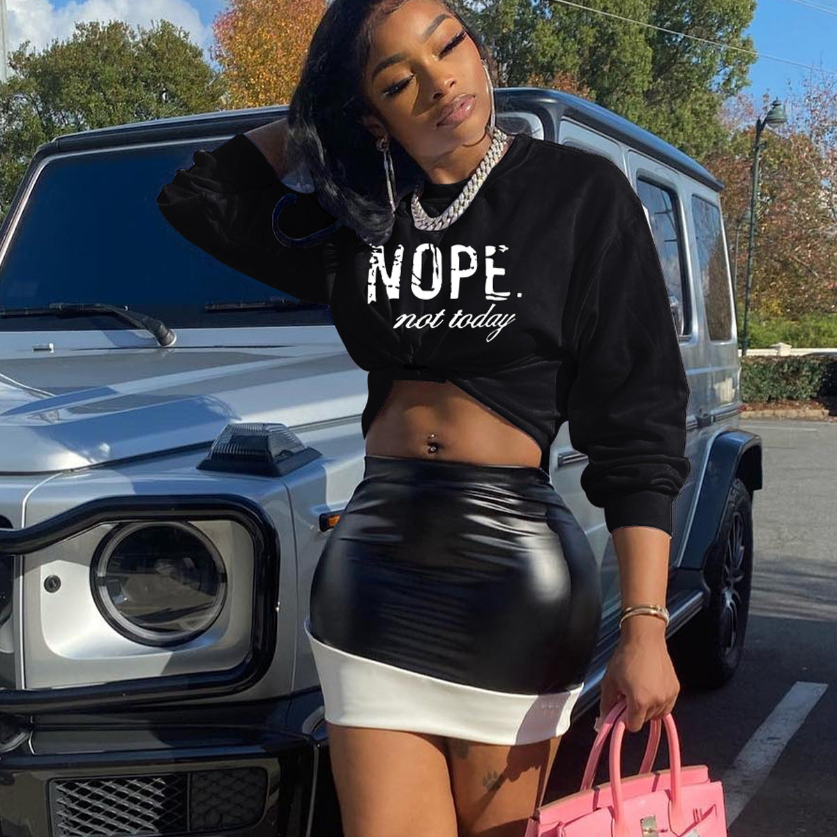 Women's Fashion Spring Autumn Patchwork Leather Skirt Two Piece Set 5