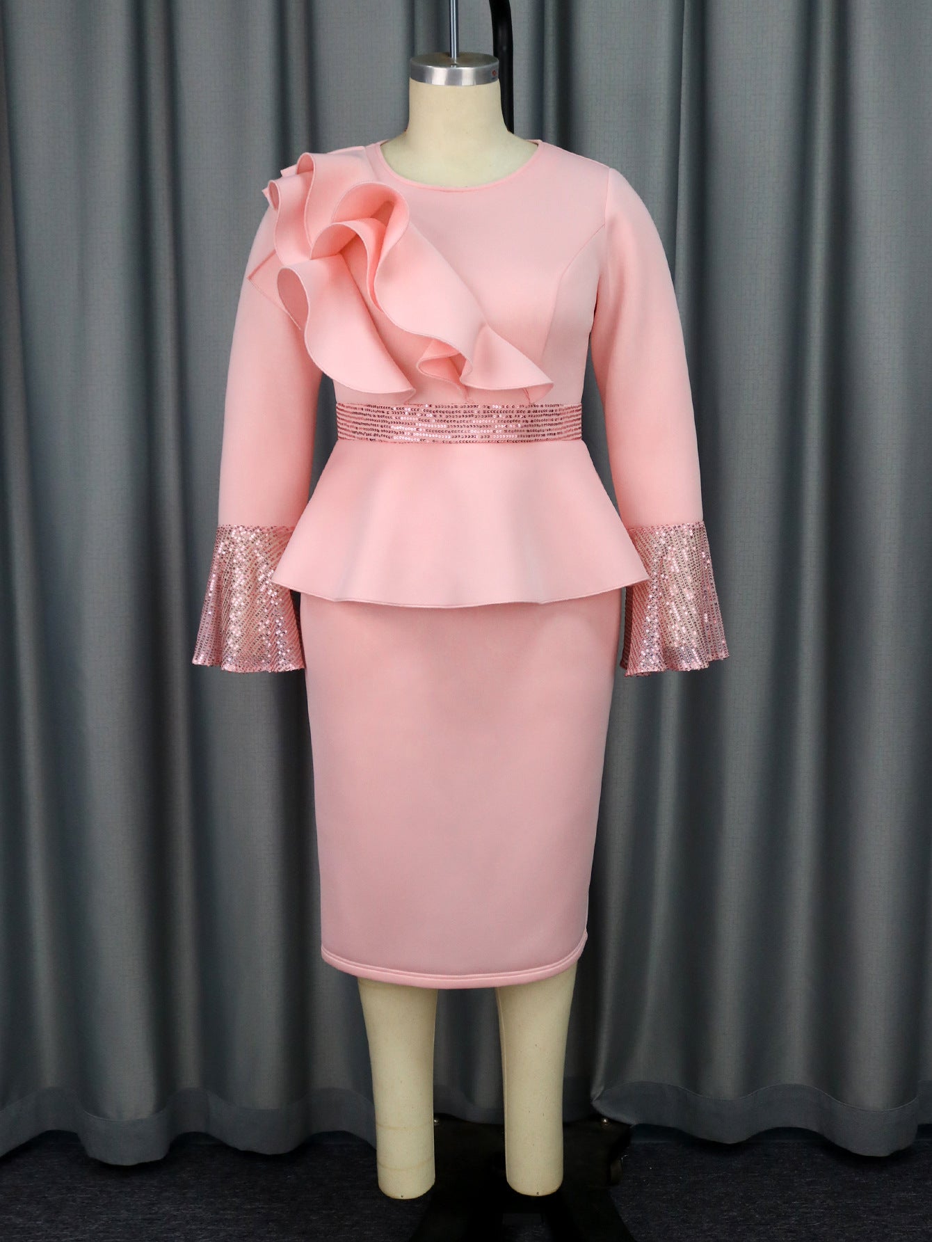 Women Round Neck Bell Bottom Sleeve Party Ruffle Sequin Dress 3