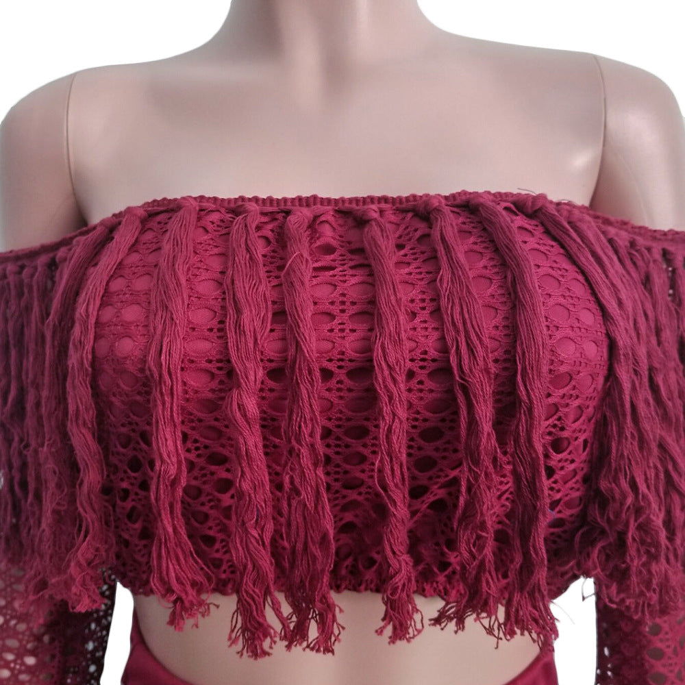 Summer Hollow Sexy Fashion Mesh Tassel See-Through Two-Piece Skirt Set 14