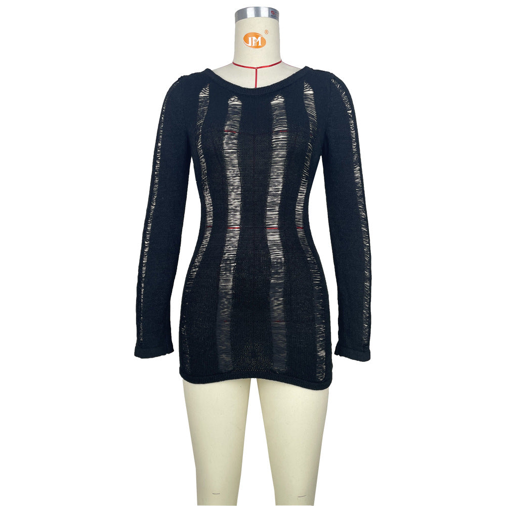 Women's Sexy Hollow Thin Long Sleeve Top Round Neck Hollow Back Dress 10