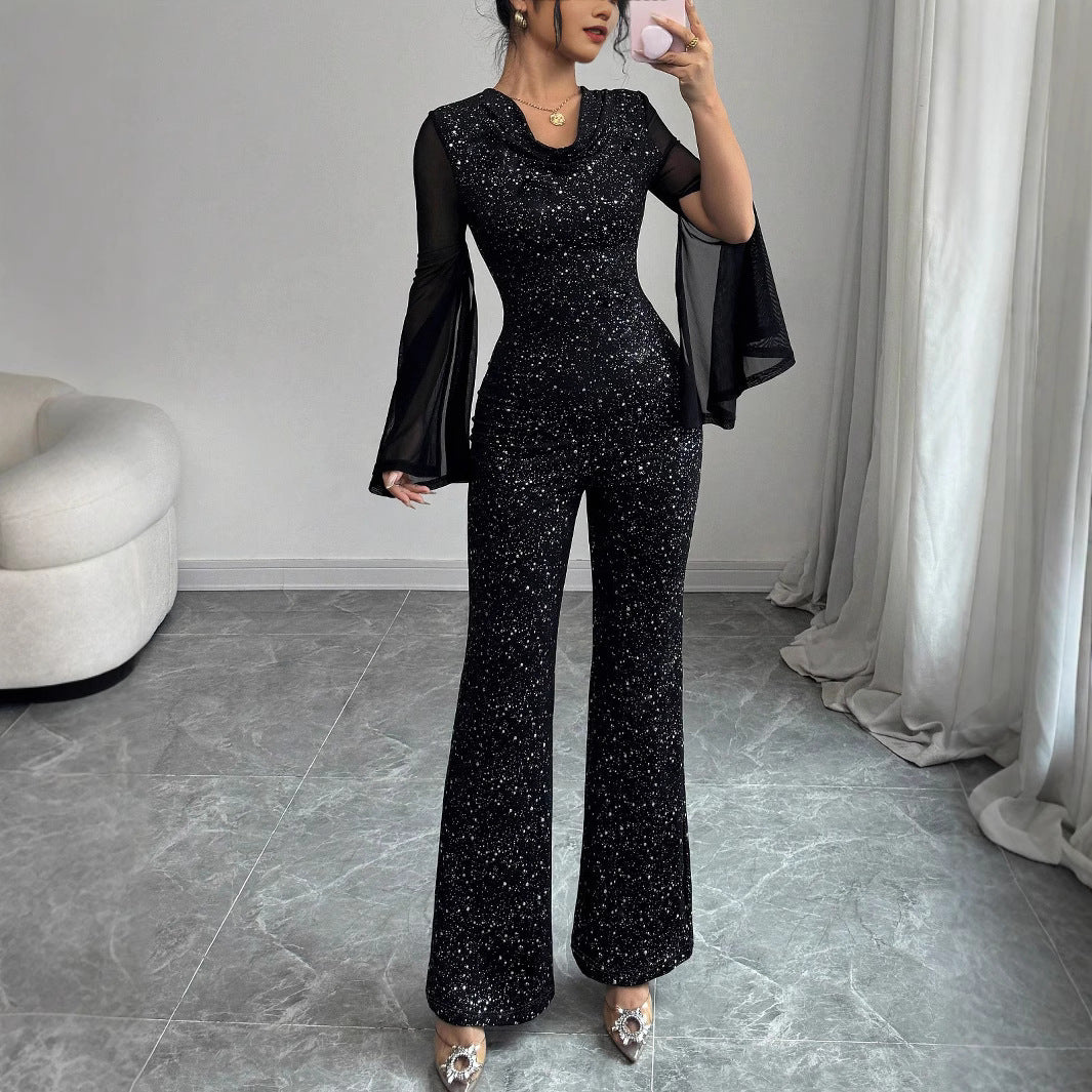 Women Elegant Slit Mesh Knitting Jumpsuit 3